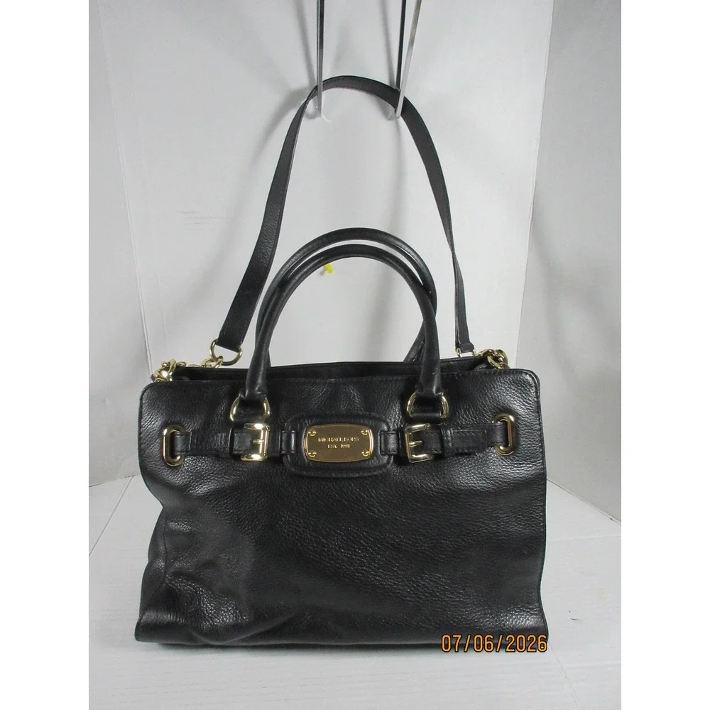 Michael Kors Bedford Black Pebbled Leather Satchel Bag Gold Hardware